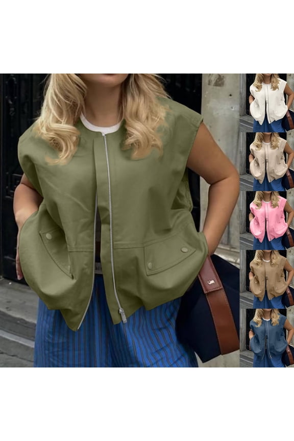 Womens Crew Neck Sleeveless Tank Top Full Zip Pocket Tee Cargo Style Utility T Shirts Casual Daily Wear Outfits