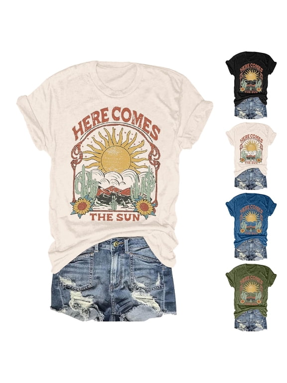 Womens Crew Neck T-Shirt Vintage Graphic Print Summer Tops Loose Fit Retro Tee Casual Fashion Shirt for Women