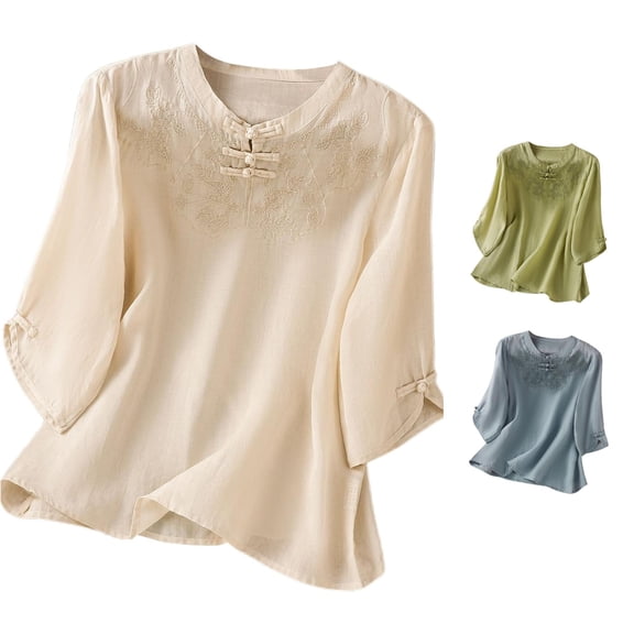 Trendfront Womens Crewneck Blouses 3/4 Roll Tab Sleeve Embroidered Button Boho Casual Tunic Shirts Ethnic Everyday Pullover Shirts