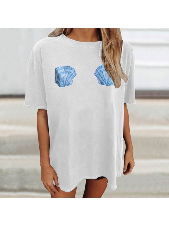 Womens Crewneck Drop Shoulder Short Sleeve Tops Trendy Fashion T Shirts Beach Pullover Vacation Outfits Shell Graphic Oversize Tee
