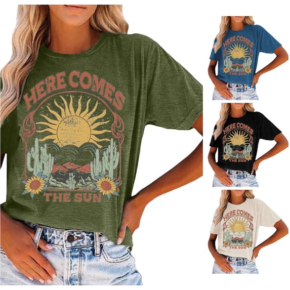 Trendfront Womens Crewneck T Shirt Graphic Country Music Festival Casual Fashion Tee Southwestern Boho Sunshine Distressed Print Short Sleeve