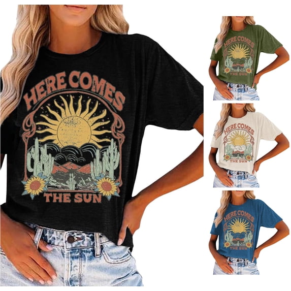 Trendfront Womens Crewneck T Shirt Graphic Country Music Festival Casual Fashion Tee Southwestern Boho Sunshine Distressed Print Short Sleeve