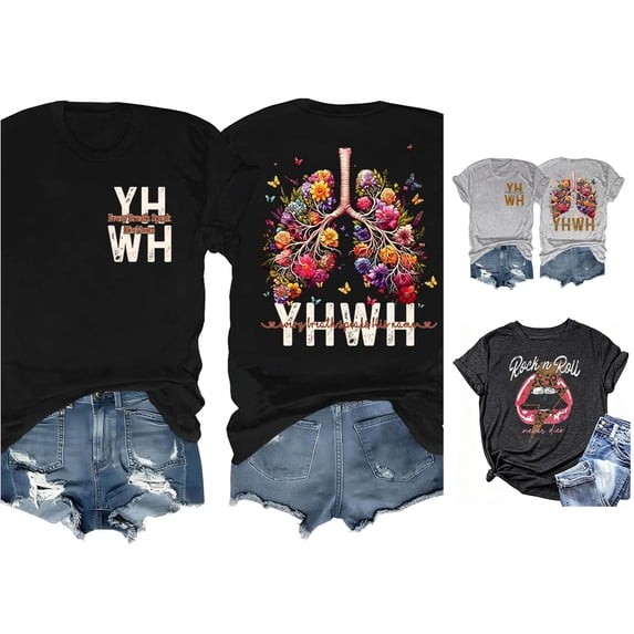 Trendfront Womens Crewneck T Shirts Rock N Roll Short Sleeve Leopard Lips Guitar Graphic Vintage Band Casual Tee Shirts