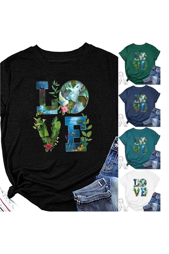 Womens Crewneck Tee Eco Friendly Earth Day Theme Love Letter Graphic Short Sleeve T Shirts Environmentalist Top