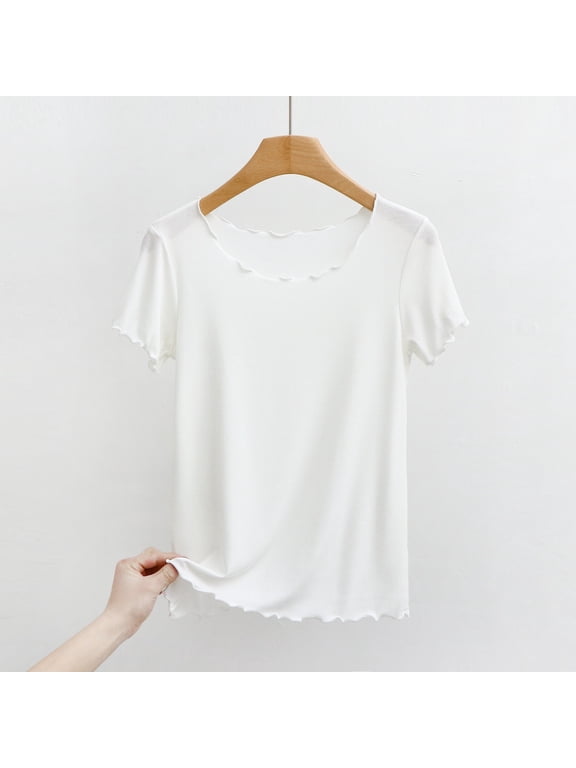 Womens Crewneck Tee Loose Fit Lettuce Ruffle Edge Short Sleeve T Shirts Plain Solid Color Summer Casual Top