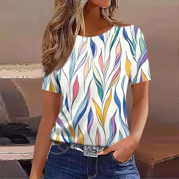 Trendfront Womens Crewneck Tee Novelty Graphic All Over Print Short Sleeve T Shirts Fashion Personality Abstract Pattern Top