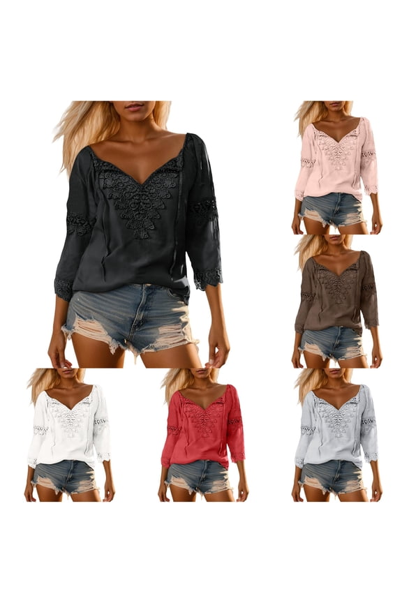 Womens Crochet Lace Blouse V Neck Tie Front Shirts 3/4 Sleeve Mesh Patchwork Elegant Boho Peasant Vacation Casual Summer Tops