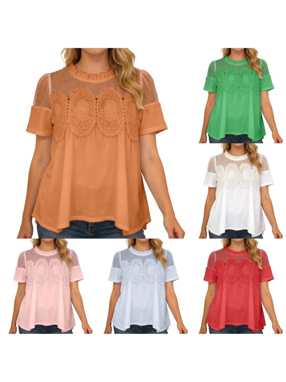 Womens Crochet Lace Blouses Neck Short Sleeve Sheer Mesh Patchwork Top Ruffle Flowy Shirt Dressy Party Clothing