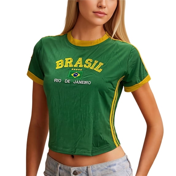 Trendfront Womens Crop Top Brasil Graphic Y2K Baby Tee Fitted Slim Fit Crewneck Football Fan Stadium Chic Match Day Going Out Streetwear Tops