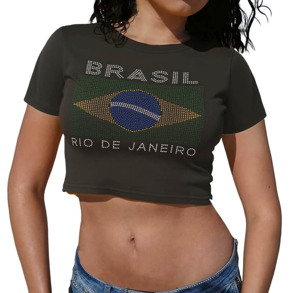 Trendfront Womens Crop Top Brasil Rhinestone Graphic Crewneck Rio De Janeiro Flag Print Y2K Baby Tee Slim Fit Going Out Streetwear Short Sleeve Shirt