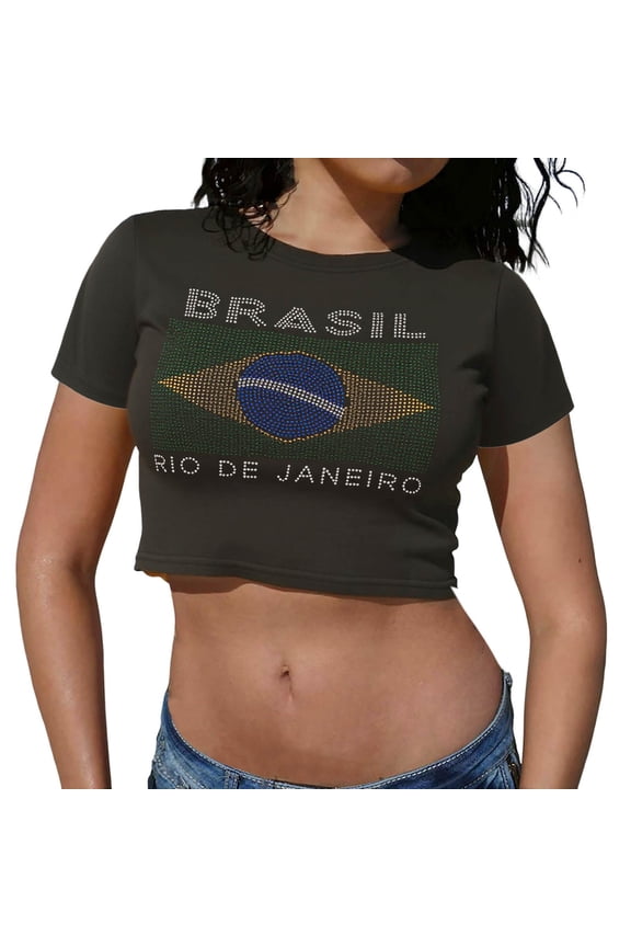 Womens Crop Top Brasil Rhinestone Graphic Crewneck Rio De Janeiro Flag Print Y2K Baby Tee Slim Fit Going Out Streetwear Short Sleeve Shirt