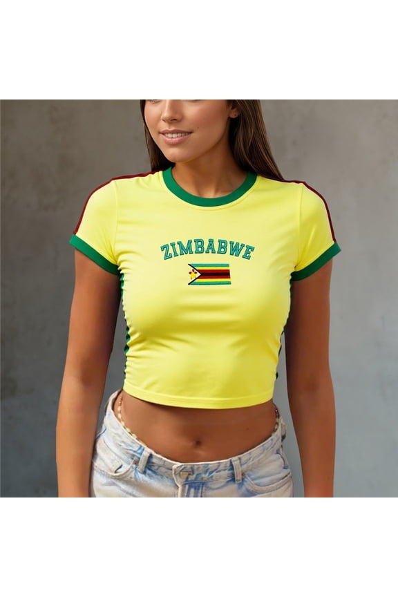 Womens Crop Top Crewneck Color Block Short Sleeve T Shirts Slim Fit Flag Graphic Tee Y2K Streetwear for Women