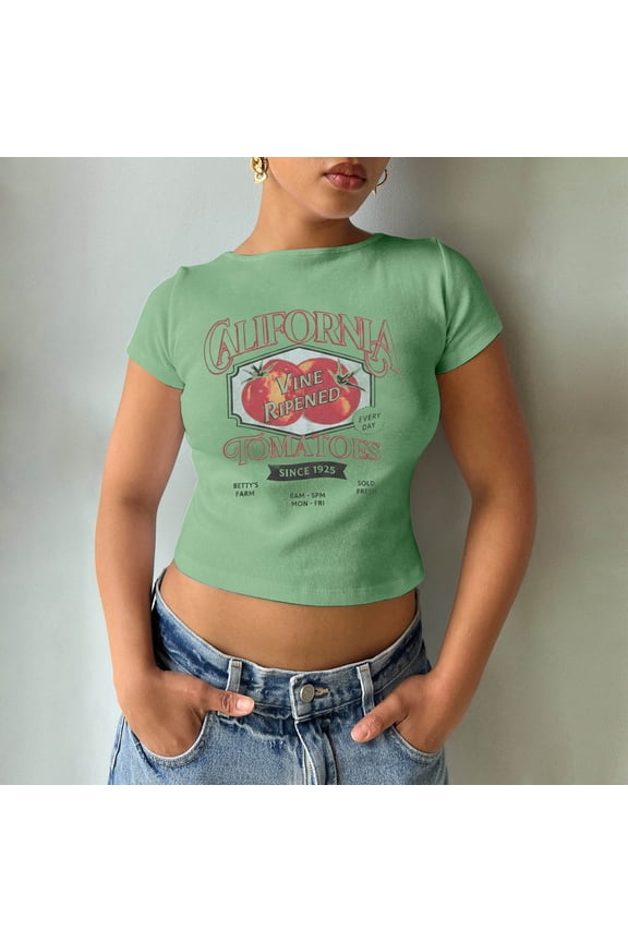 Womens Crop Top Crewneck Novelty Pattern Graphic Printed Short Sleeve T Shirts Y2K Fashion Casual Streetwear Short Baby Tee