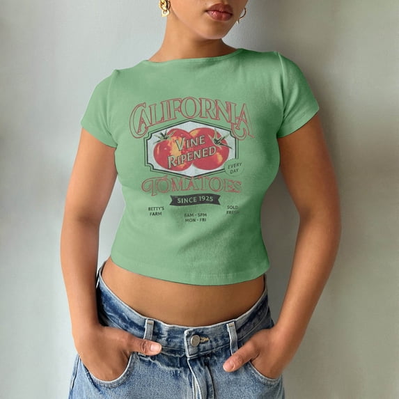Trendfront Womens Crop Top Crewneck Novelty Pattern Graphic Printed Short Sleeve T Shirts Y2K Fashion Casual Streetwear Short Baby Tee