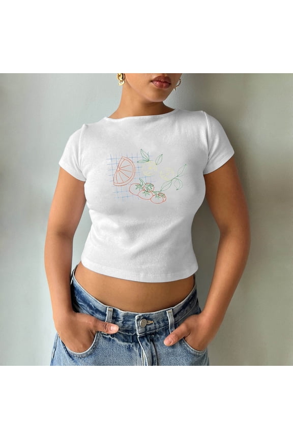 Womens Crop Top Crewneck Novelty Pattern Graphic Printed Short Sleeve T Shirts Y2K Fashion Casual Streetwear Short Baby Tee