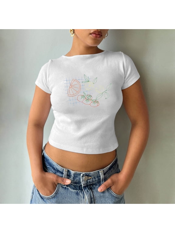 Womens Crop Top Crewneck Pattern Graphic Print Short Sleeve T Shirts Y2K Fashion Casual Streetwear Baby Tee