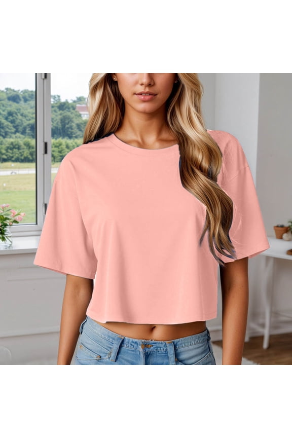 Womens Crop Tops Crewneck Short Sleeve Solid Color Boxy Fit Casual Lightweight Basic Summer Tee Tops