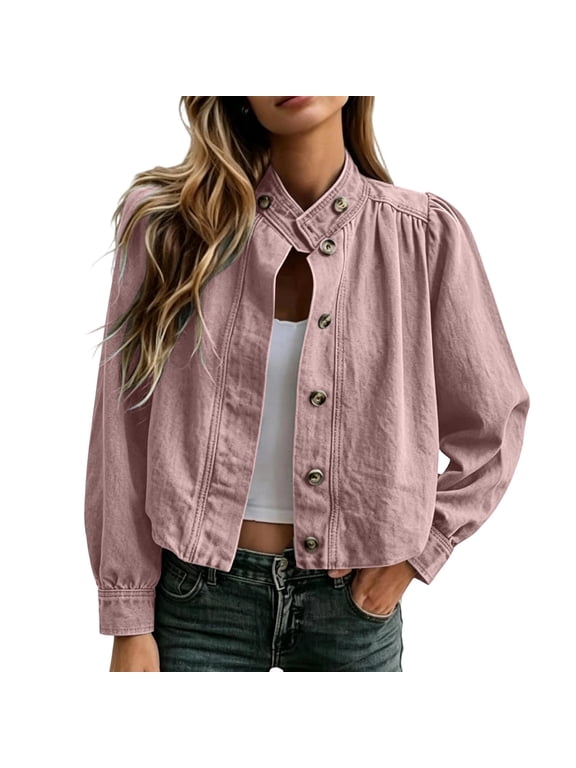 Womens Cropped Jacket Solid Stand Collar Button Front Long Puff Sleeve Gathered Shoulder Fitted Casual Layering Coat