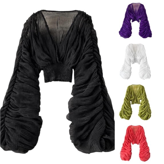 Trendfront Womens Cropped Shrug Open Front Long Bell Sleeve Ruched Texture Tie Front Slim Fit Dressy Casual Layering Tops