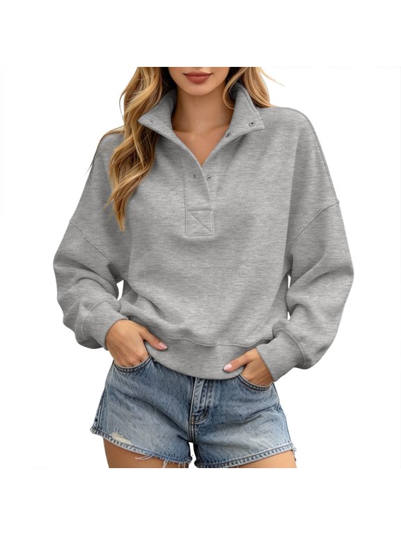 Womens Cropped Sweatshirt Solid Snap Neck Long Sleeve Pullover Stand Collar Drop Shoulder Ribbed Relaxed Fit Casual Top