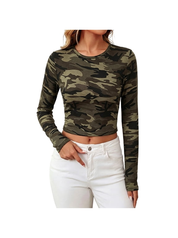 Womens Cropped T Shirt Camo Print Crew Neck Long Sleeve Slim Fit Fitted Tee Short Length Casual Layering Basic Top