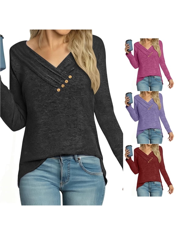 Womens Crossover V Neck Tops Long Sleeve Button Detail High Low Hem Relaxed Fit Casual Fall Blouse Shirts