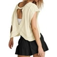 thumbnail image 1 of Trendfront Womens Cut Out T Shirts Crewneck Short Sleeve Open Back Cross Strap Draped Detail Loose Fit Athletic Workout Tee Tops, 1 of 7