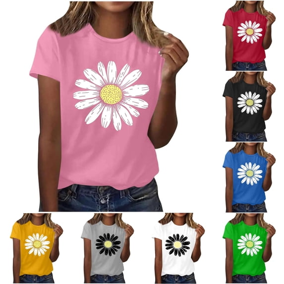 Trendfront Womens Cute Daisy Floral T-Shirts Crewneck Short Sleeve Regular Fit Graphic Tunics Vintage Casual Summer Tee for Women