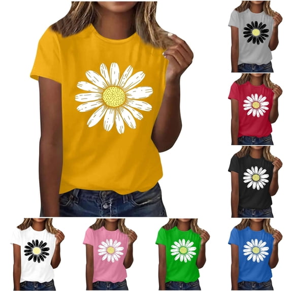 Trendfront Womens Cute Daisy Floral T-Shirts Crewneck Short Sleeve Regular Fit Graphic Tunics Vintage Casual Summer Tee for Women