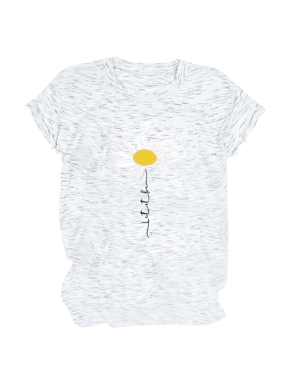 Womens Daisy Floral T Shirts Letter Print Short Sleeve Tee Casual Stylish Bohemian Vintage Summer Tops