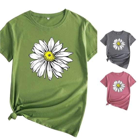 Trendfront Womens Daisy Graphic T Shirts Crewneck Short Sleeve Floral Print Casual Summer Tee Tops Spring Summer Outfit