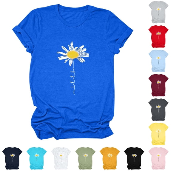 Trendfront Womens Daisy T-Shirt Flower Graphic Print Tee Crewneck Short Sleeve Summer Loose Fit Casual Pullover Daily Classic Tops