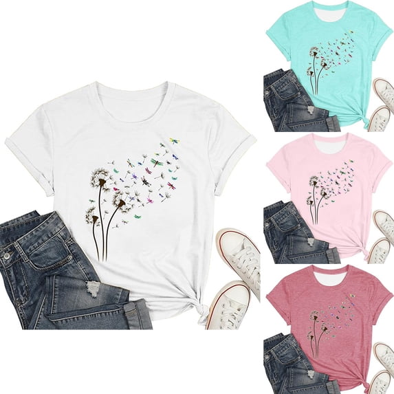 Trendfront Womens Dandelion Graphic T Shirts Crewneck Casual Short Sleeve Loose Fit Tops Trendy Fashion Tee Relaxed Pullover Daily Wear