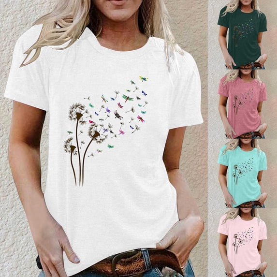 Trendfront Womens Dandelion Graphic Tops Crewneck Casual Short Sleeve Loose Fit Tee Trendy Fashion T Shirts Relaxed Pullover Daily Wear