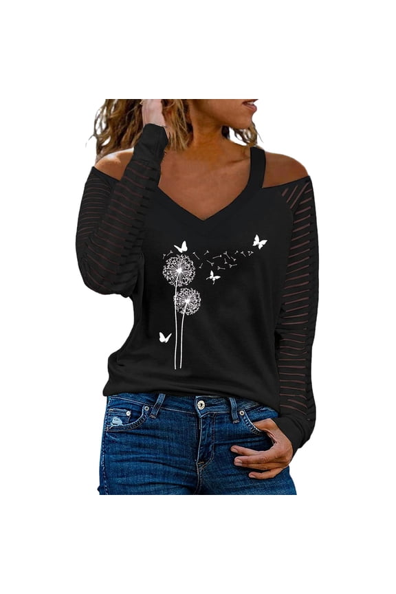Womens Dandelion Graphic Tops V Neck Cold Shoulder Long Slashed Sleeve Loose Fit Casual Fall Tee Shirts