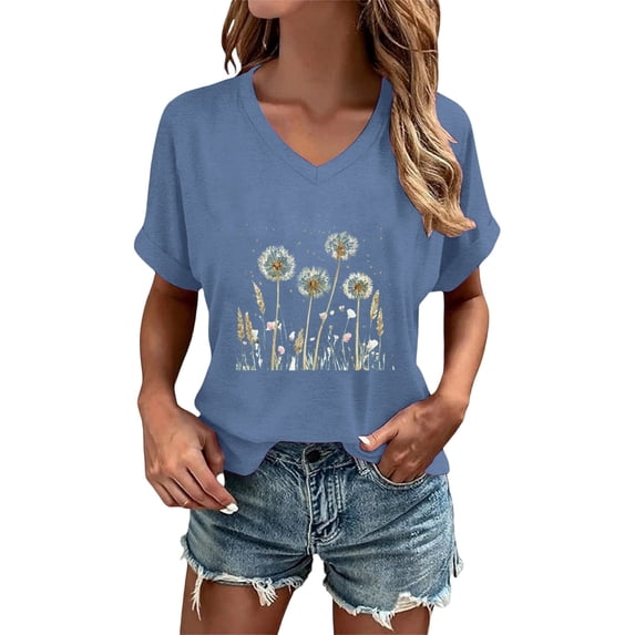 Trendfront Womens Dandelion T Shirt Wildflower Botanical Print V Neck Short Sleeve Summer Casual Nature Graphic Tops