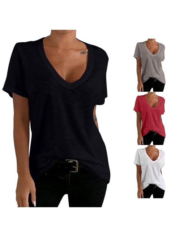 Womens Deep V Neck T Shirts Short Sleeve Solid Color Low Cut Plain Basic Tee Casual Loose Fit Summer Tops for Women