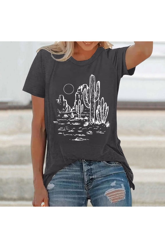 Womens Desert Cactus Tops Graphic Print Crewneck Casual Short Sleeve Loose Fit Tee Trendy Fashion T Shirts Pullover Daily Clothing