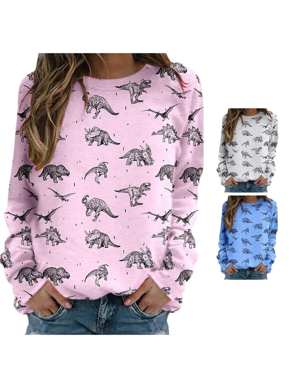 Womens Dinosaur Graphic Crewneck Sweatshirt Long Sleeve Pullover All Over Print Casual Cute Animal Pattern Everyday Sweatshirt Top