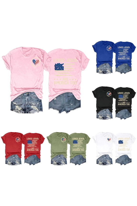 Womens Double Sided T-Shirt 4th Of July Crewneck Short Sleeve Loves Jesus And America Too Tee Distressed Flag Printed 250th Anniversary USA Pullover Tops