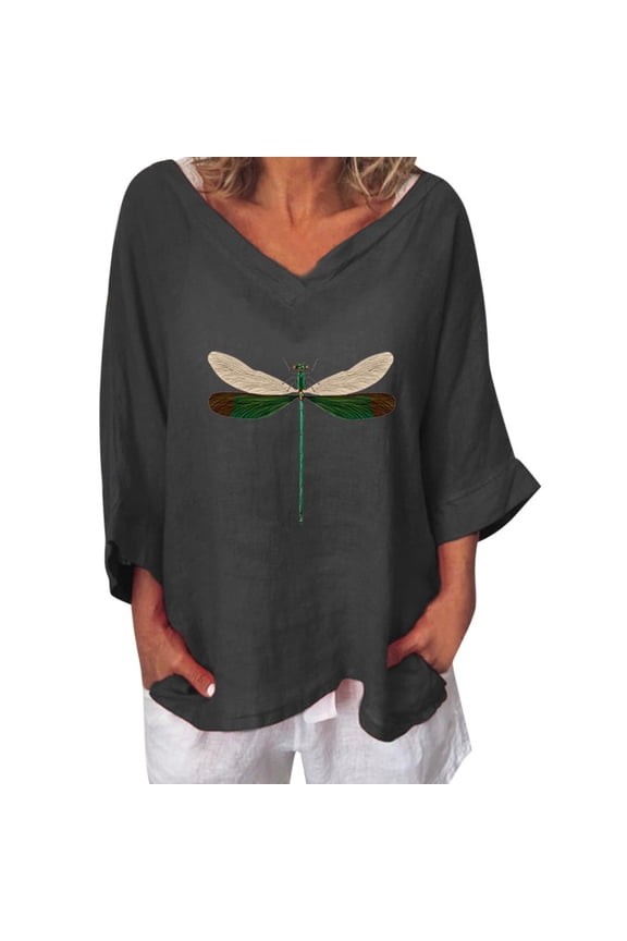 Womens Dragonfly Graphic Blouses V Neck 3/4 Sleeve High Low Hem Loose Fit Casual Tunic Tops