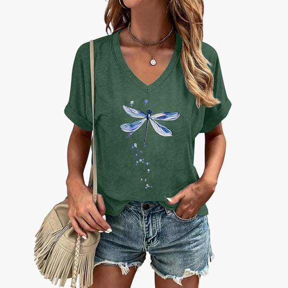 Trendfront Womens Dragonfly Graphic T Shirts Pattern Print V Neck Casual Short Sleeve Loose Fit Tops Trendy Fashion Tee Pullover Daily Clothes