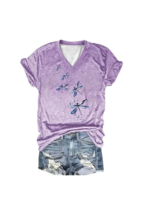 Womens Dragonfly Graphic T-Shirts V-Neck Casual Short Sleeve Loose Fit Tops Trendy Fashion Tee Relaxed Pullover Daily Wear
