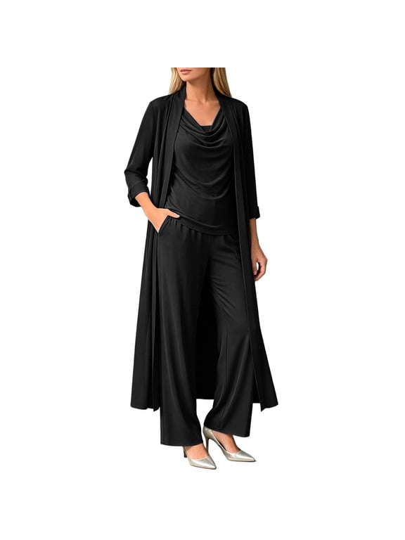 Womens Draped Matching Set Cowl Neck Sleeveless Top Wide Leg Pants Long Open Front Cardigan 3 Piece Evening Pant Suit Outfit