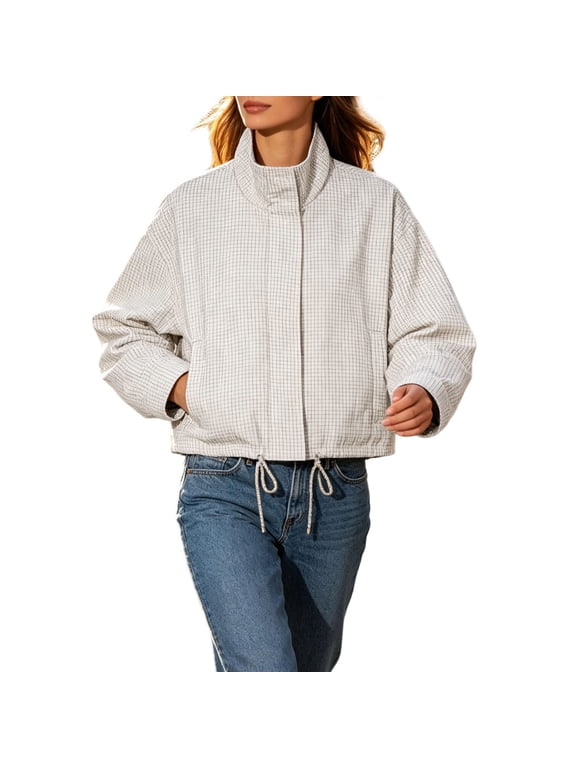 Womens Drawstring Hem Jacket Small Check Pattern Stand Collar Long Sleeve Coat Concealed Front Side Pockets Casual Top