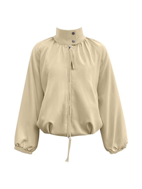 Womens Drawstring Hem Jacket Solid Stand Collar Snap Neck Full Zip Coat Long Raglan Sleeves Elastic Casual Top