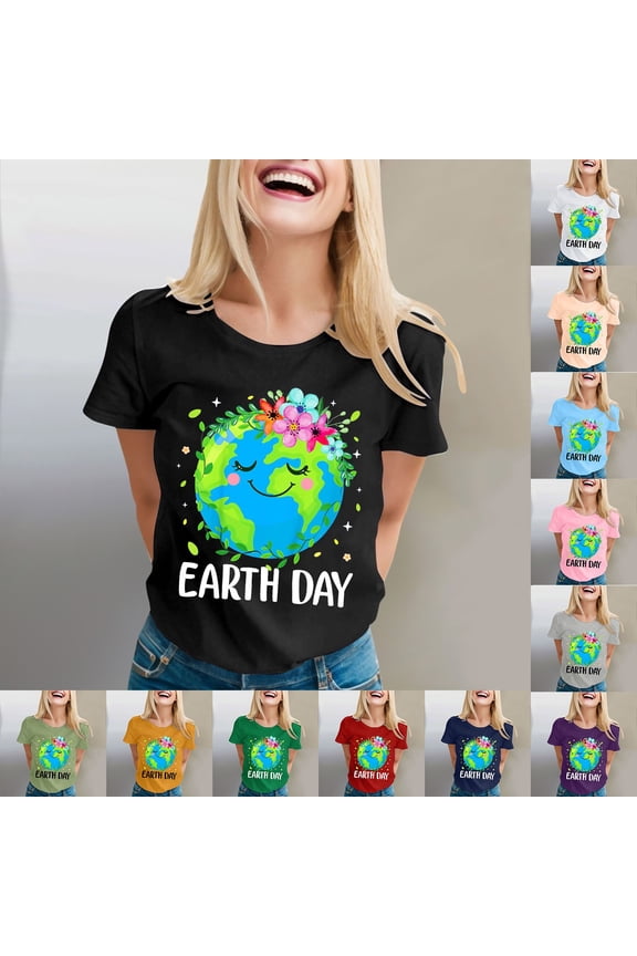 Womens Earth Day Crew Neck Short Sleeve Tops Nature Environmental Tees Funny Humorous Graphic Printed Style T-Shirts
