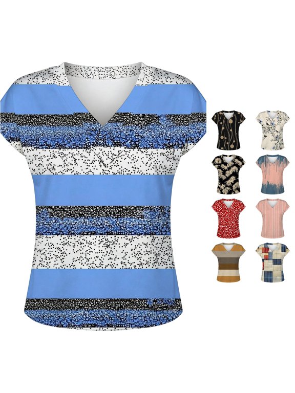 Womens Elegant Blouses Short Sleeve V Neck Abstract Polka Dot Tunics Modern Geometric Wave Line Pattern Casual Loose Pullover Tops