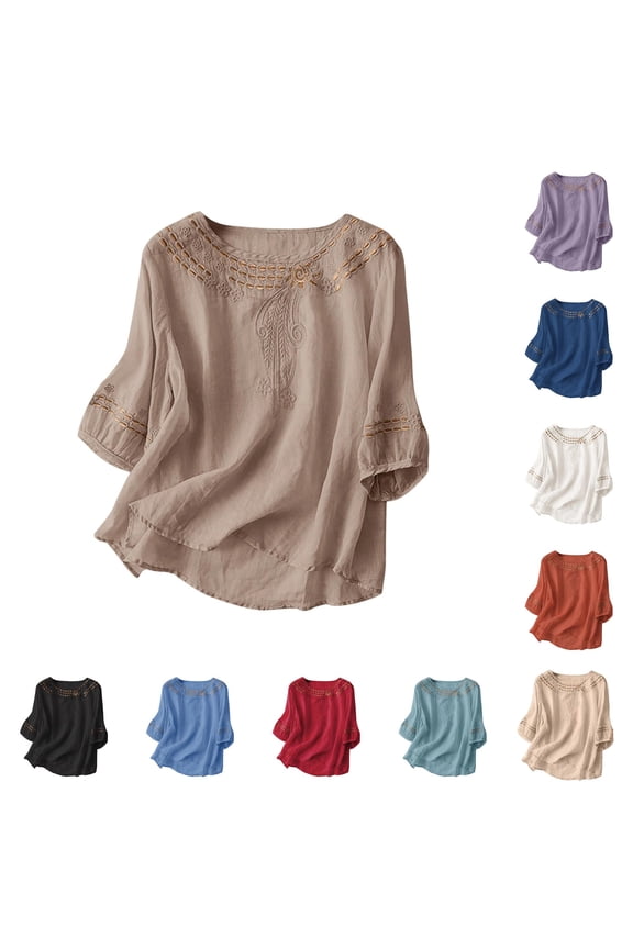 Womens Embroidered Blouse V Neck 3/4 Sleeve Fashion Tops Summer T Shirts Casual Retro Vintage Breathable Pullover Elegant Clothing