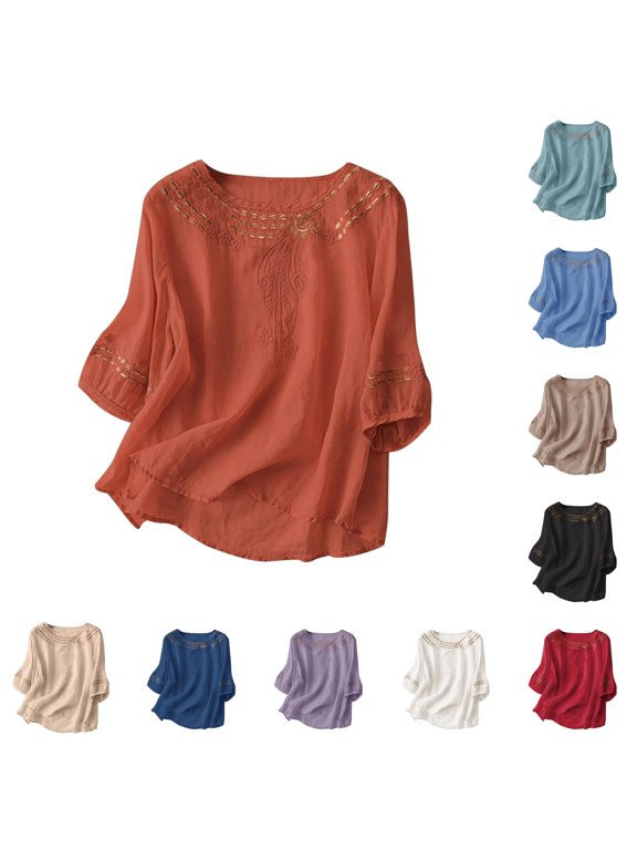 Womens Embroidered Blouse V Neck 3/4 Sleeve Fashion Tops Summer T Shirts Casual Retro Vintage Breathable Pullover Elegant Clothing
